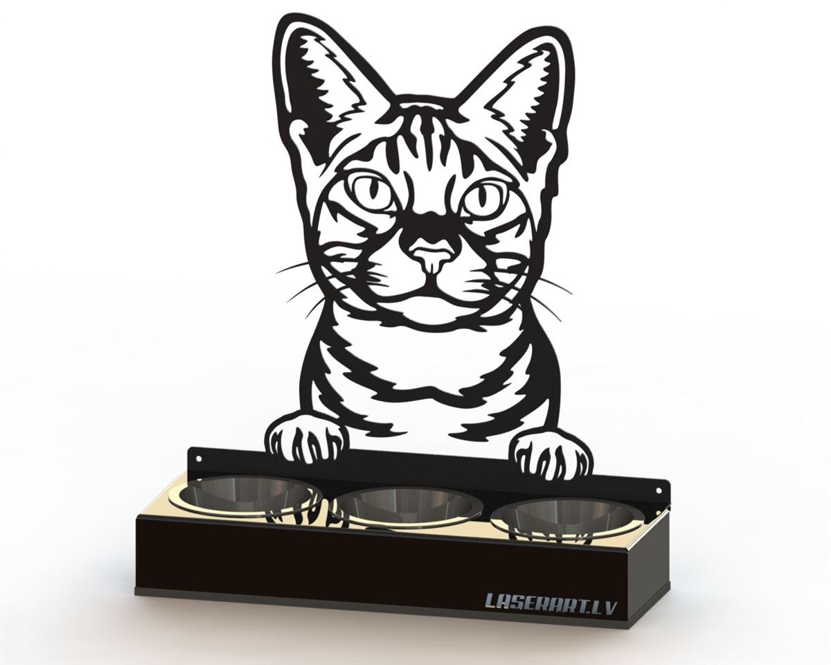 3-Bowl Cat Feeder, Ocicat Cat breed, Raised Feeding Station