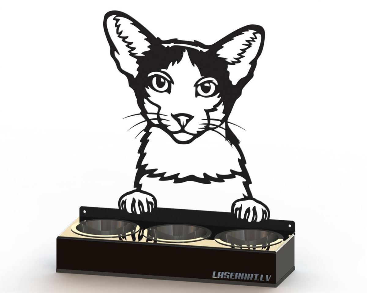3-Bowl Cat Feeder, Oriental Bicolor Cat breed, Raised Feeding Station